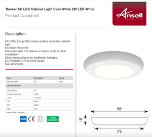 Ansell ARCLED/CW/W Reveal 2W LED Cabinet Light 4000K IP20 White Leaflet